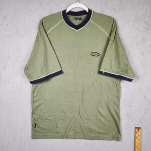 Vintage DDP Shirt Mens Large Green V Neck Short Sleeve Streetwear Ringer Patch